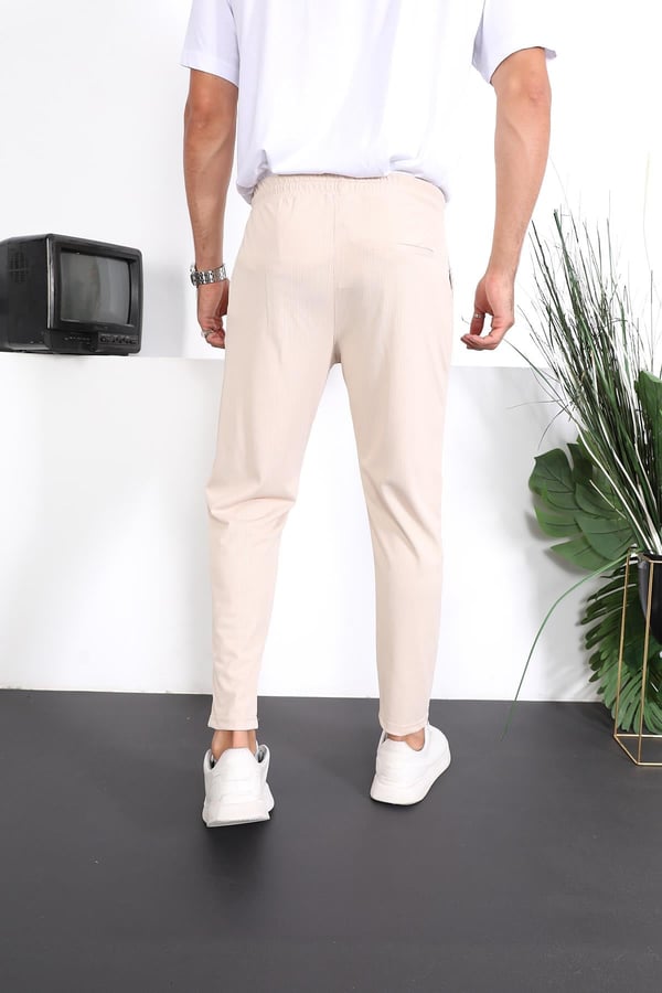 Premium Çizgi Şeritli Keten Pantolon - Bej