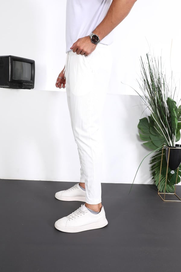 Premium Çizgi Şeritli  Keten Pantolon - Beyaz