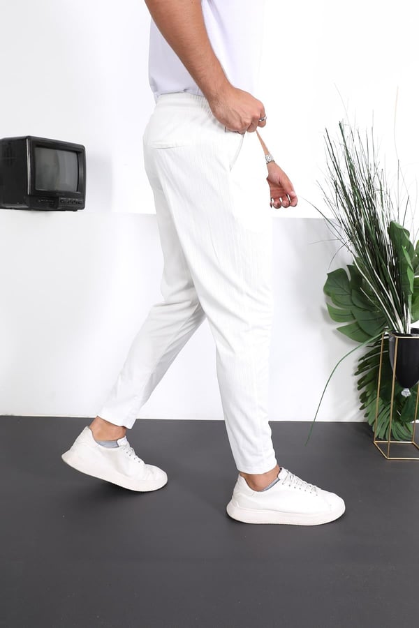Premium Çizgi Şeritli  Keten Pantolon - Beyaz