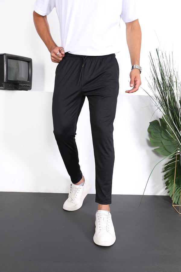 Premium Çizgi Şeritli Keten Pantolon - Siyah