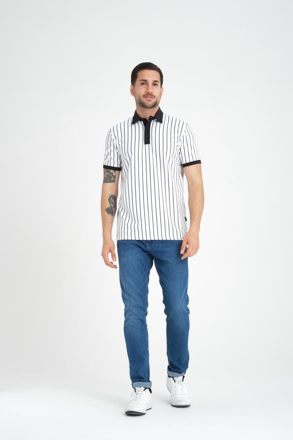 Premium Dik Çizgili Polo Yaka T-Shirt - Lacivert
