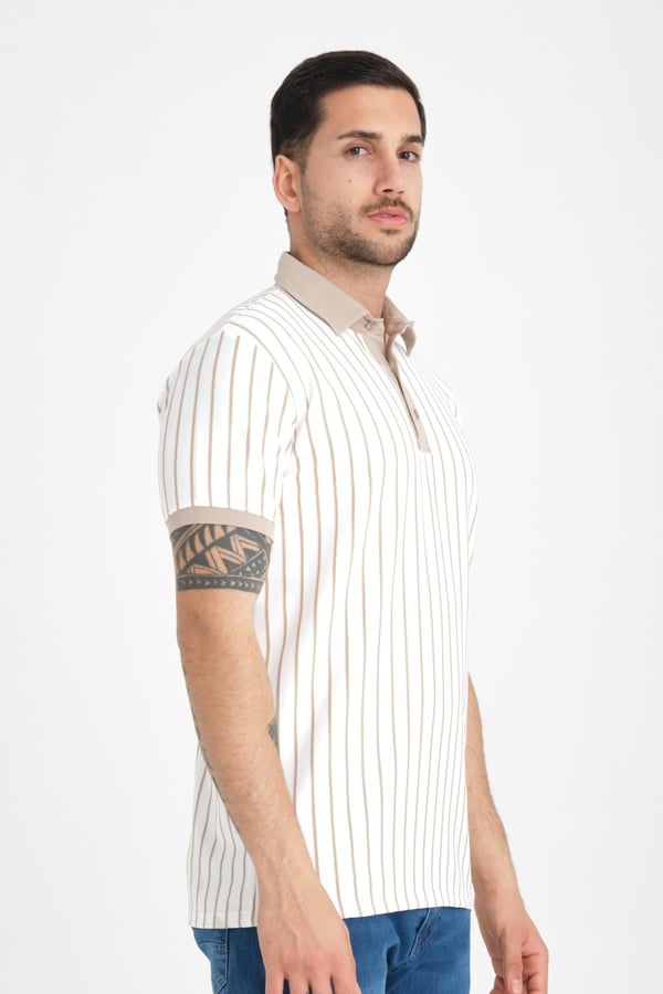 Premium Dik Çizgili Polo Yaka T-Shirt - Bej