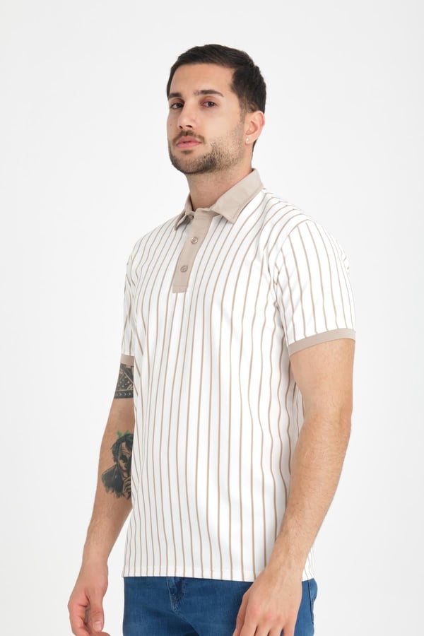 Premium Dik Çizgili Polo Yaka T-Shirt - Bej