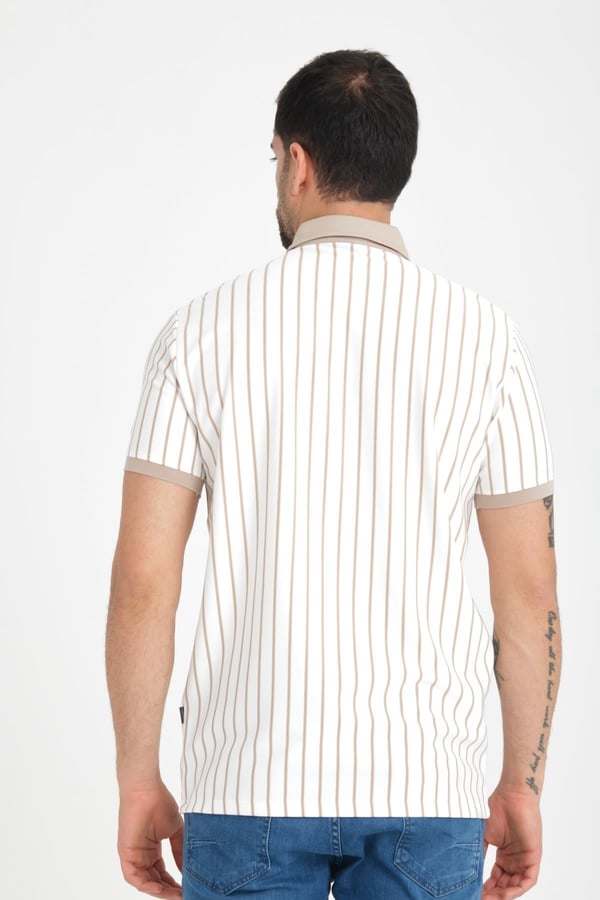 Premium Dik Çizgili Polo Yaka T-Shirt - Bej