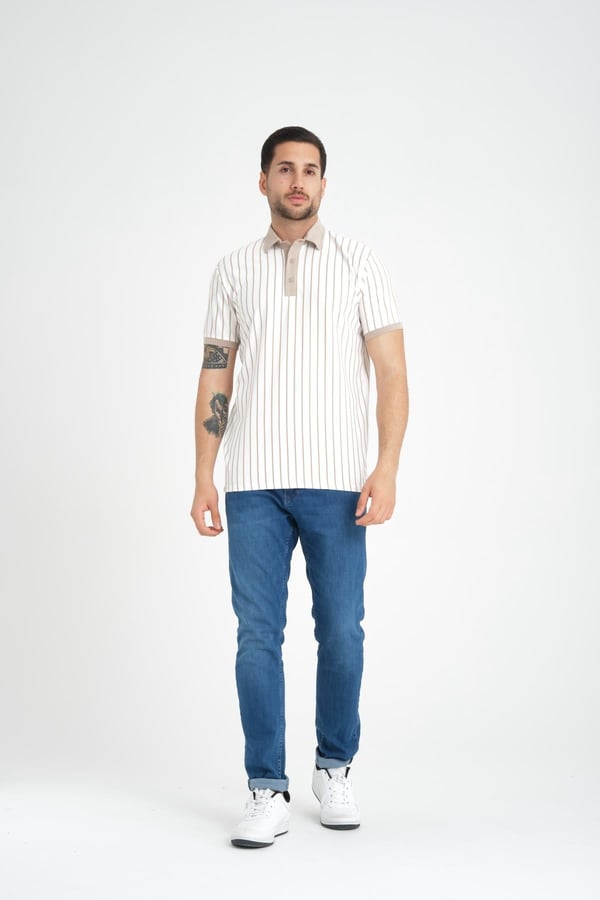 Premium Dik Çizgili Polo Yaka T-Shirt - Bej