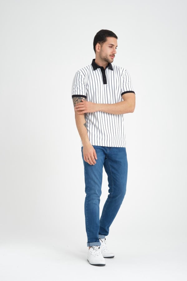 Premium Dik Çizgili Polo Yaka T-Shirt - Lacivert