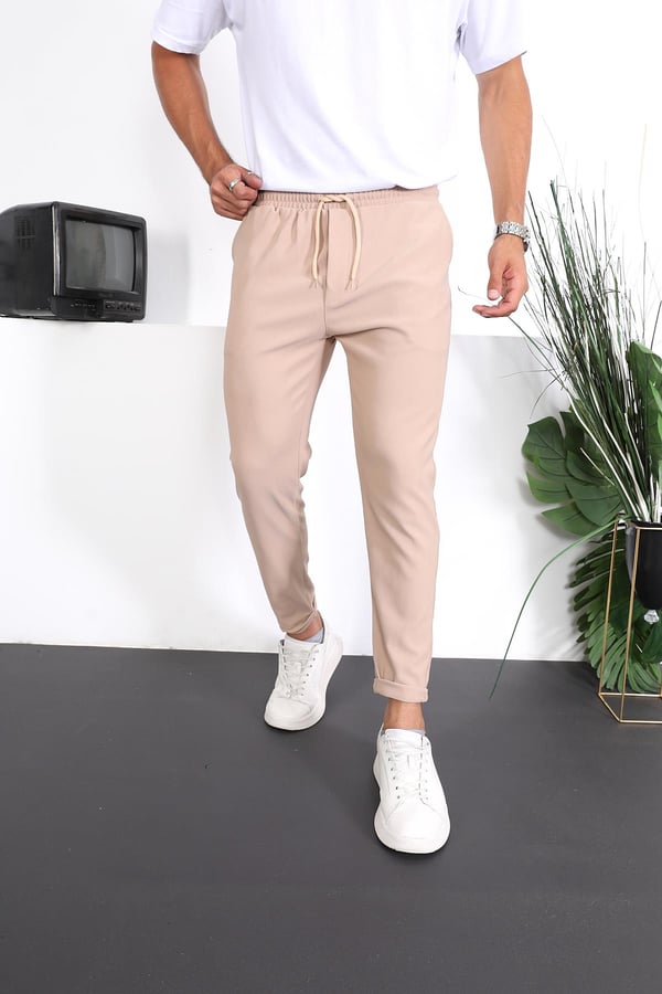 Premium Dokulu Duble Paça Fit Pantolon - Bej