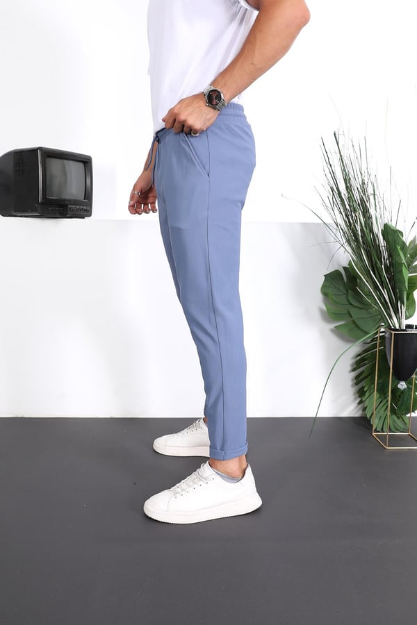 Premium Dokulu Duble Paça Fit Pantolon - Mavi