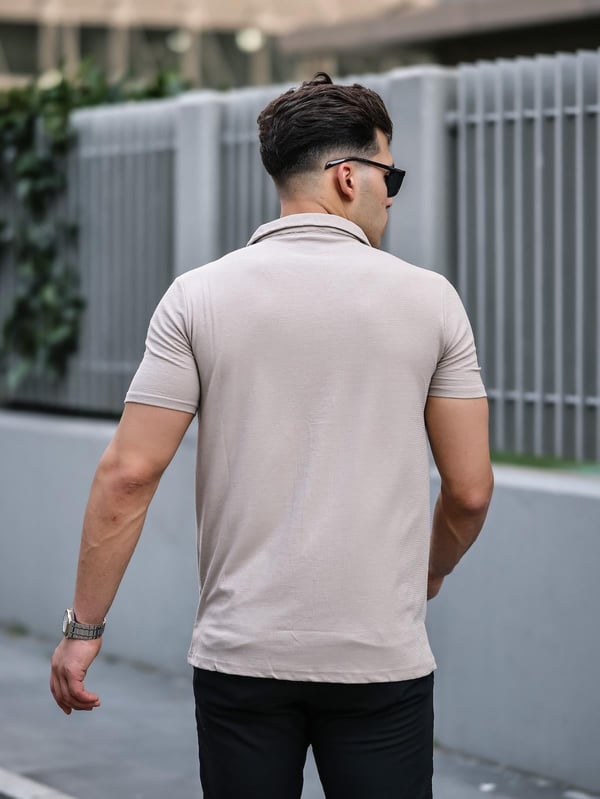 Premium Dokulu Kısa Kol Fit Gömlek -  Bej