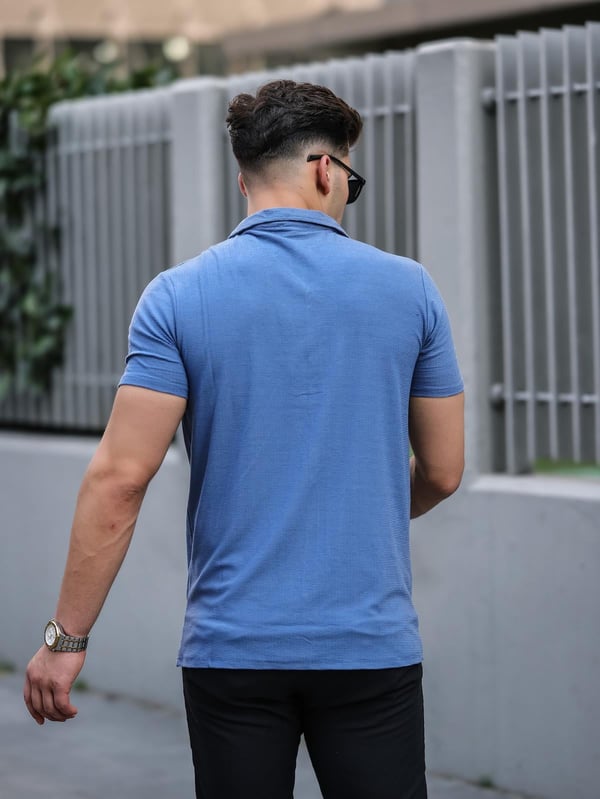 Premium Dokulu Kısa Kol Fit Gömlek -  Mavi