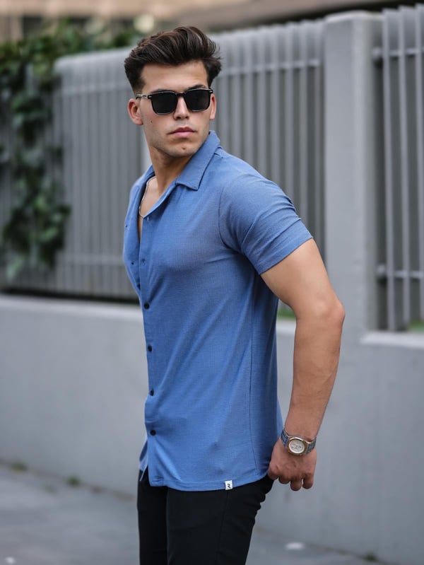 Premium Dokulu Kısa Kol Fit Gömlek -  Mavi