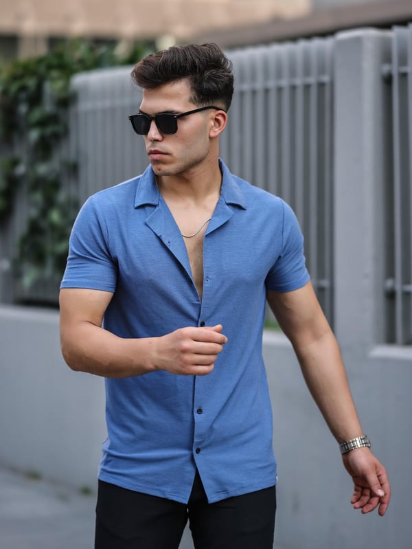 Premium Dokulu Kısa Kol Fit Gömlek -  Mavi