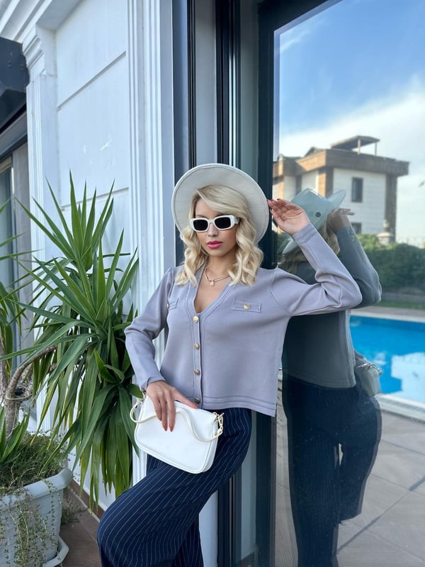 Premium Düğmeli Hırka-Füme