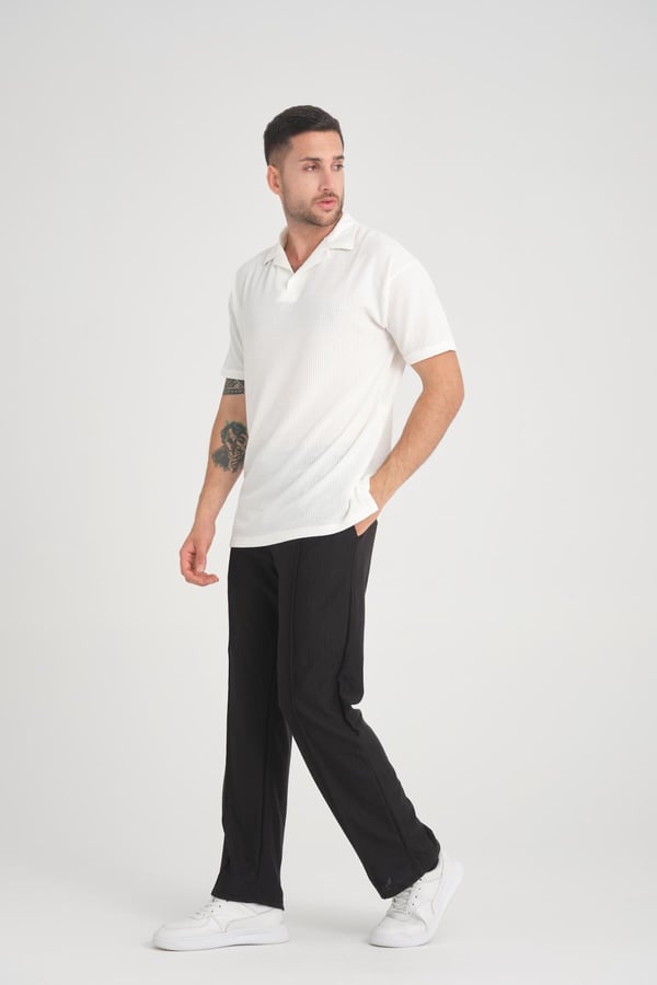Premium V Yaka Fitilli T-Shirt - Beyaz