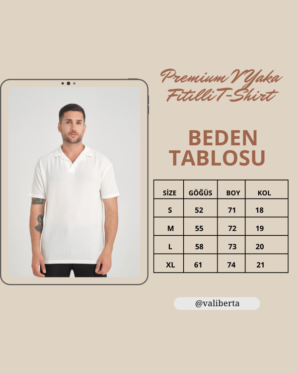 Premium V Yaka Fitilli T-Shirt - Beyaz