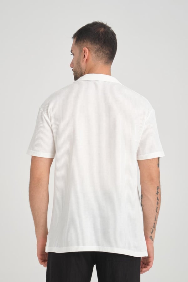 Premium V Yaka Fitilli T-Shirt - Beyaz