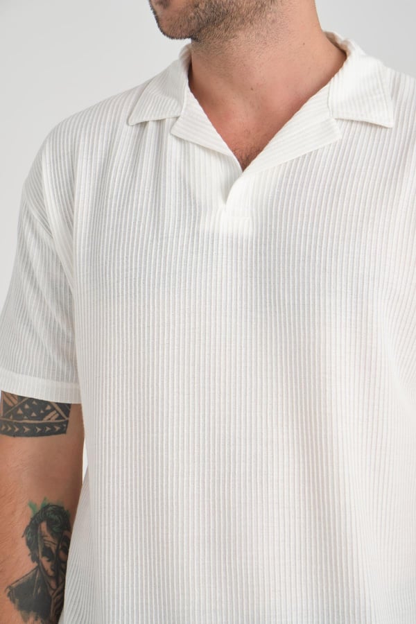 Premium V Yaka Fitilli T-Shirt - Beyaz