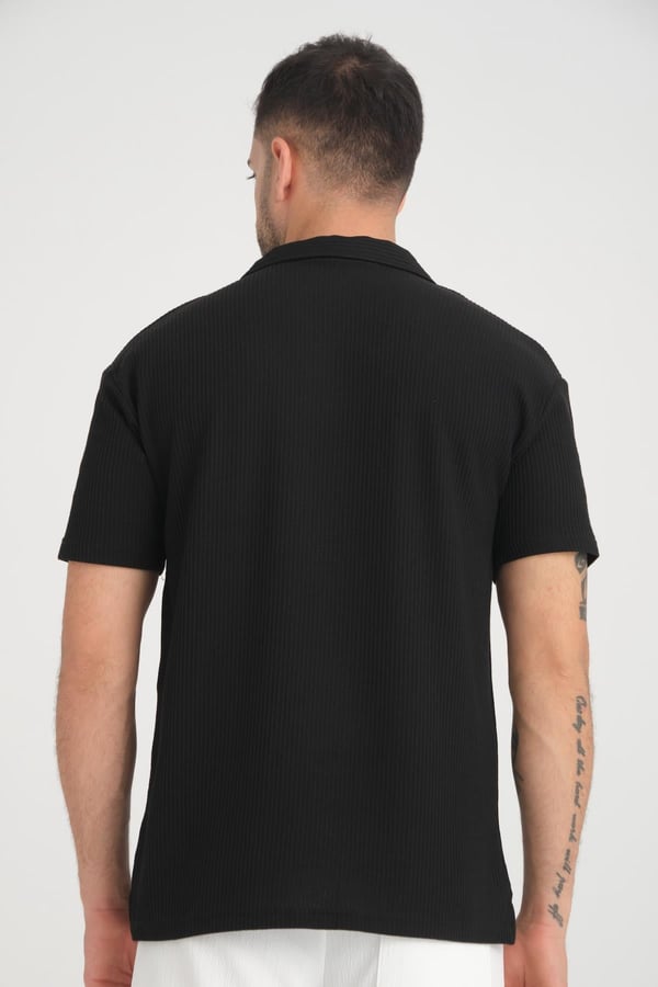 Premium V Yaka Fitilli T-Shirt - Siyah