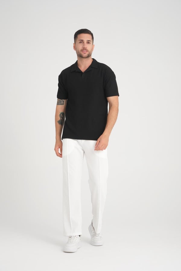Premium V Yaka Fitilli T-Shirt - Siyah