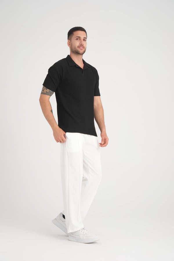 Premium V Yaka Fitilli T-Shirt - Siyah