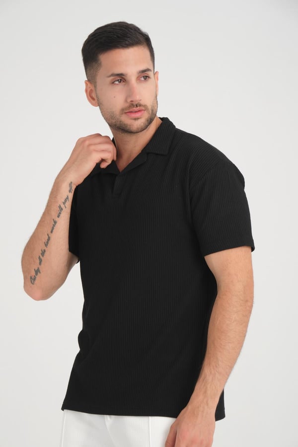 Premium V Yaka Fitilli T-Shirt - Siyah