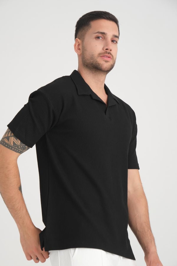 Premium V Yaka Fitilli T-Shirt - Siyah