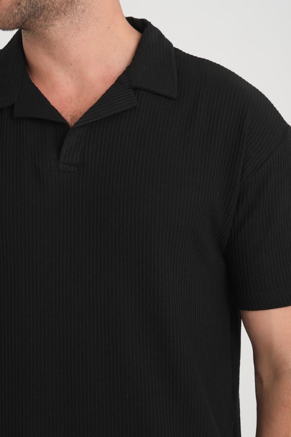 Premium V Yaka Fitilli T-Shirt - Siyah
