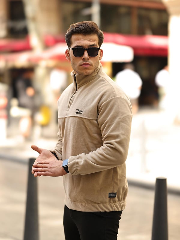 Premium Yarım Ferrmuar Polar Sweatshirt - Bej