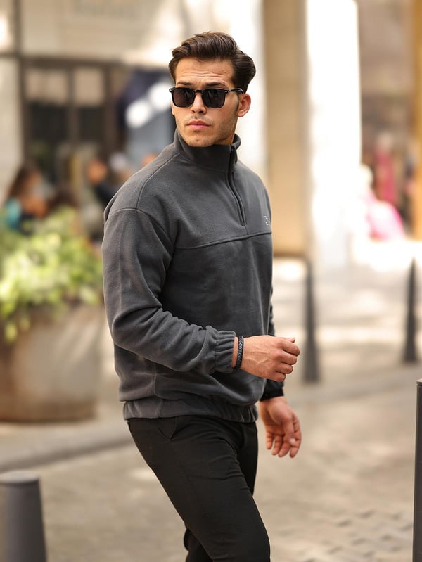Premium Yarım Ferrmuar Polar Sweatshirt - Füme