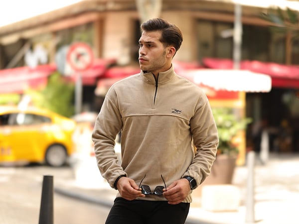 Premium Yarım Ferrmuar Polar Sweatshirt - Bej