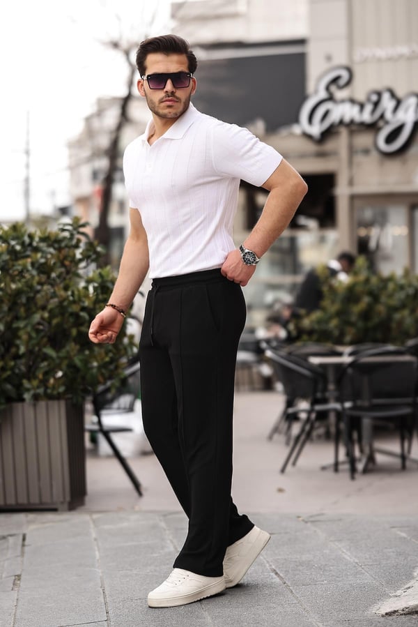 Rahat Kalıp Beli Lastikli Baggy Pamuk Pantolon - Siyah