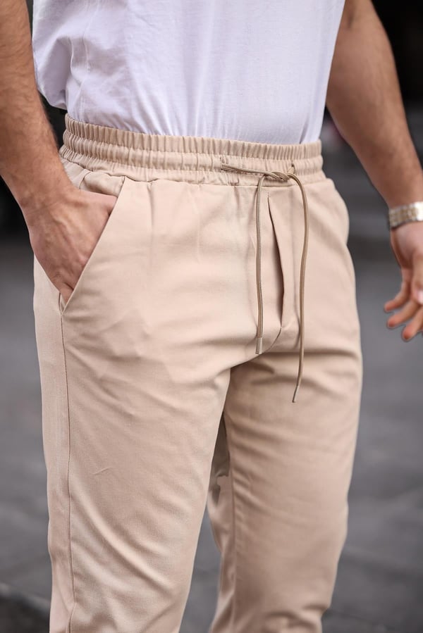 Relaxed Fit Lastikli Pantolon - Bej