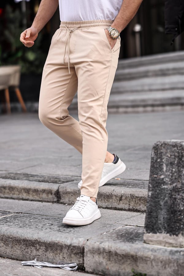 Relaxed Fit Lastikli Pantolon - Bej