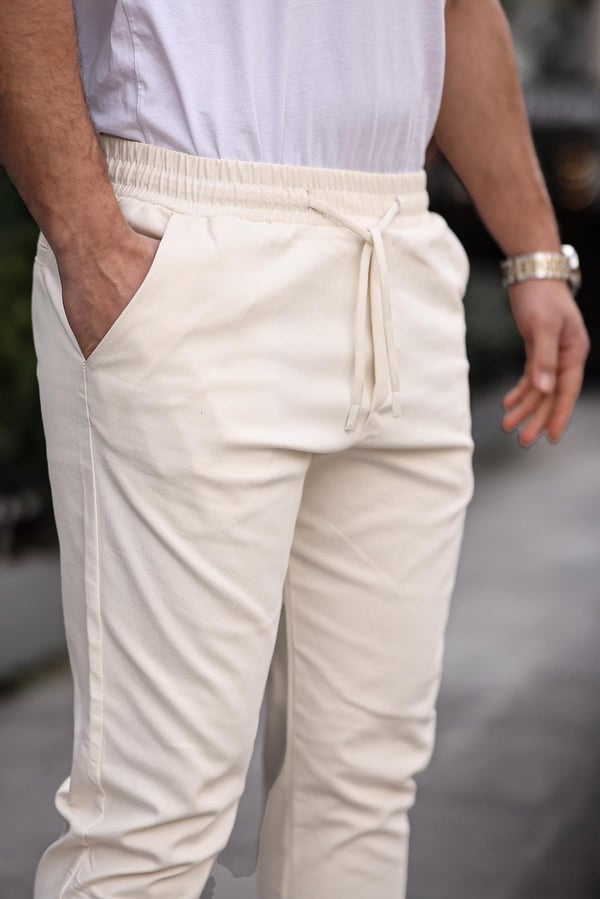 Relaxed Fit Lastikli Pantolon - Krem