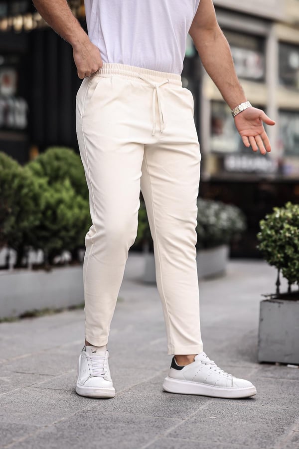 Relaxed Fit Lastikli Pantolon - Krem