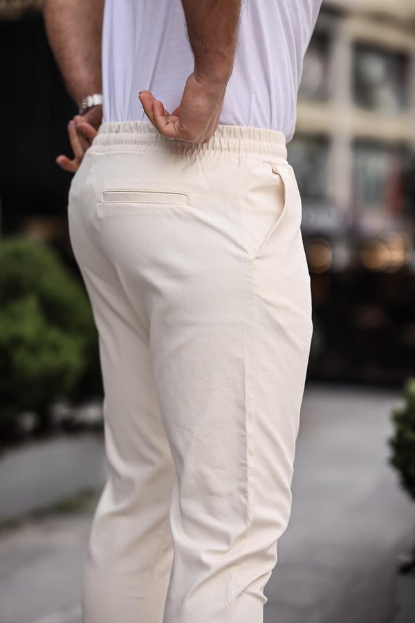 Relaxed Fit Lastikli Pantolon - Krem