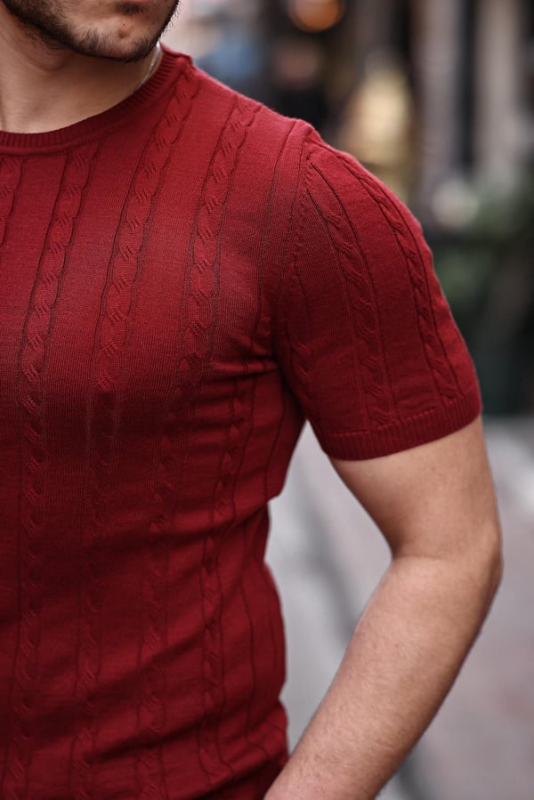 Saç Örgü Fit Kesim Bisiklet Yaka Triko T-Shirt - Bordo