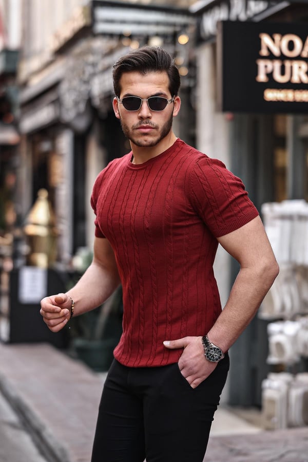 Saç Örgü Fit Kesim Bisiklet Yaka Triko T-Shirt - Bordo