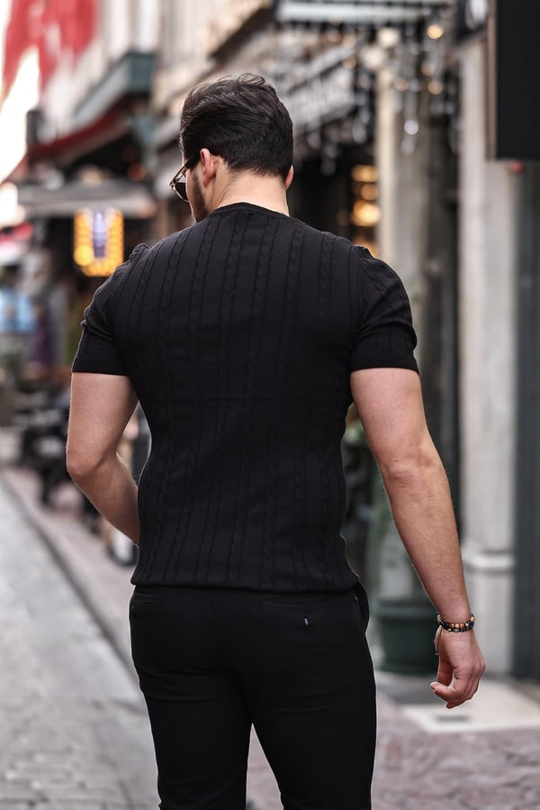 Saç Örgü Fit Kesim Bisiklet Yaka Triko T-Shirt - Siyah
