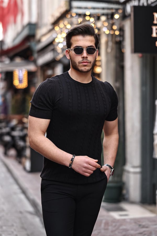 Saç Örgü Fit Kesim Bisiklet Yaka Triko T-Shirt - Siyah
