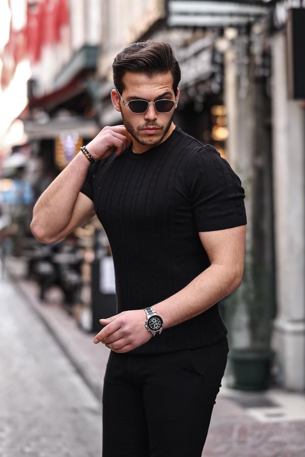 Saç Örgü Fit Kesim Bisiklet Yaka Triko T-Shirt - Siyah