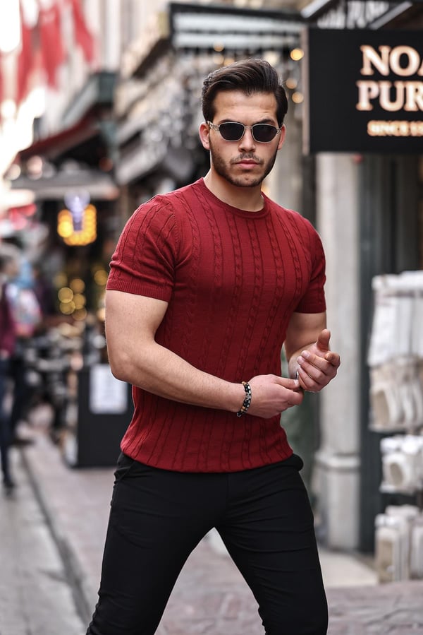 Saç Örgü Fit Kesim Bisiklet Yaka Triko T-Shirt - Bordo