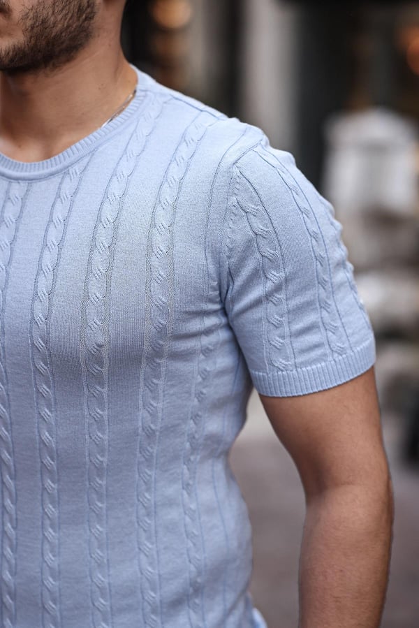 Saç Örgü Fit Kesim Bisiklet Yaka Triko T-Shirt - Açık Mavi
