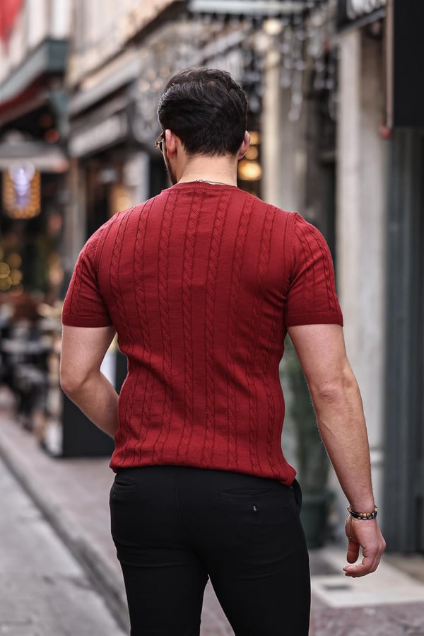 Saç Örgü Fit Kesim Bisiklet Yaka Triko T-Shirt - Bordo