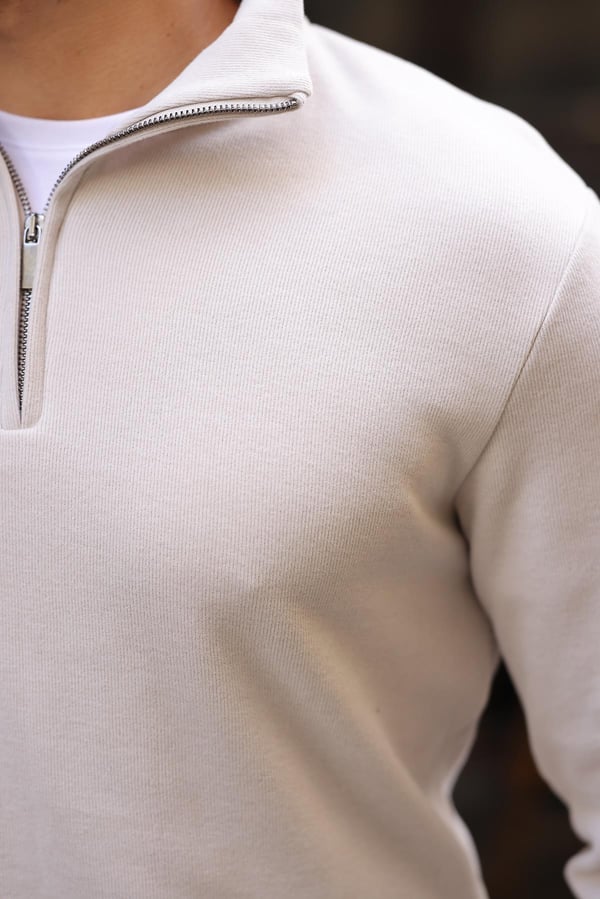 Selanik Örme Kumaş Yarım Fermuar Erkek Sweatshirt - Taş