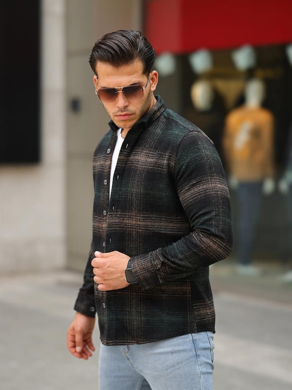 Şeritli Oduncu Fit Gömlek -  Haki