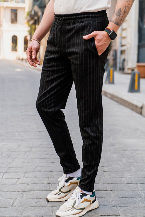 Siyah Erkek Çizgili Fit Jogger Bel Pantolon