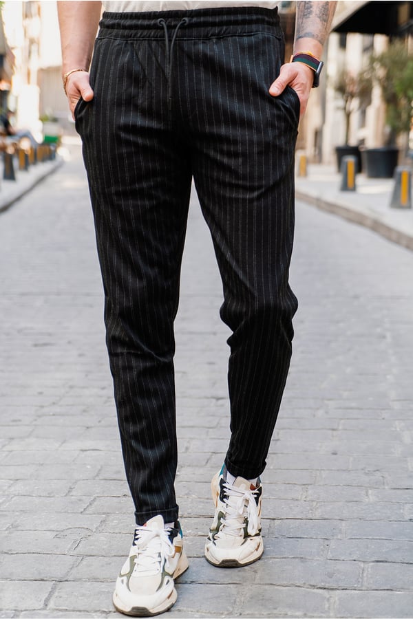 Siyah Erkek Çizgili Fit Jogger Bel Pantolon