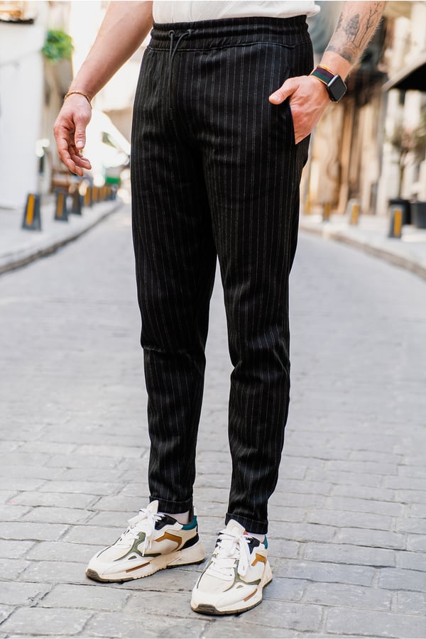 Siyah Erkek Çizgili Fit Jogger Bel Pantolon