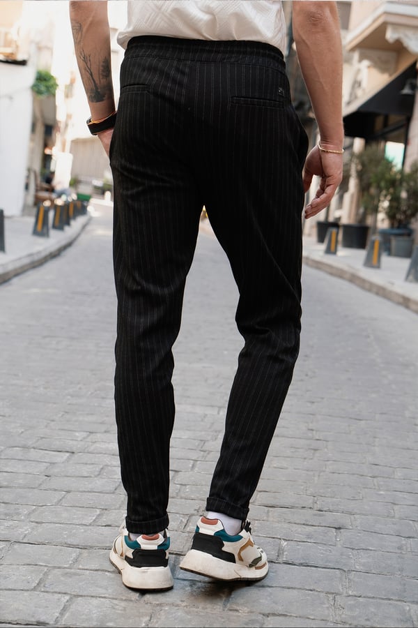 Siyah Erkek Çizgili Fit Jogger Bel Pantolon